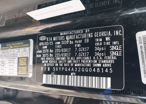 2016 Kia Sorento 2.4L L из США, поврежденный, VIN 5XYPG4A32GG048145